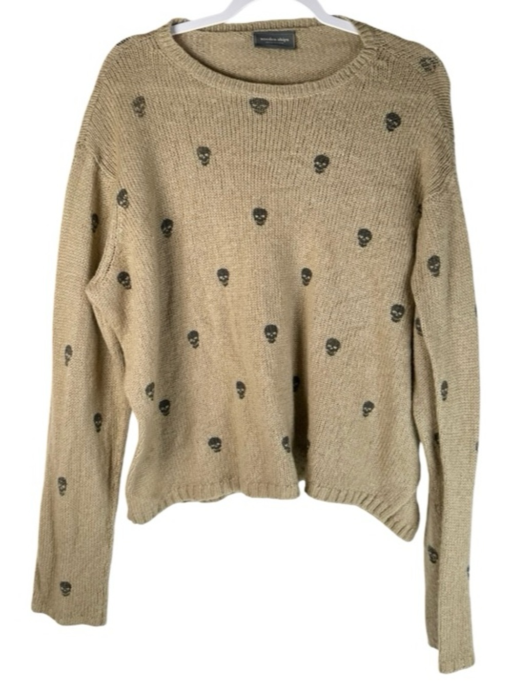 Wooden Ships Tan Punk Skull Print Crewneck Wool Knit Pullover Sweater Size Large